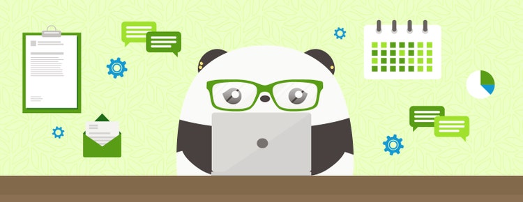 Featured Illustration: BambooHR's panda mascot working on a laptop surrounded by icons representing meetings, instant messages, and more