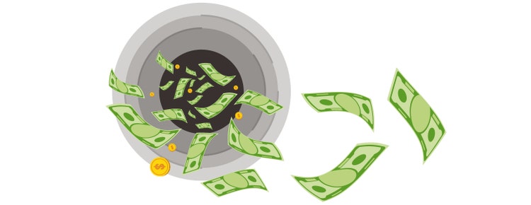 Illustration: Dollar bills and coins plummeting down a drain