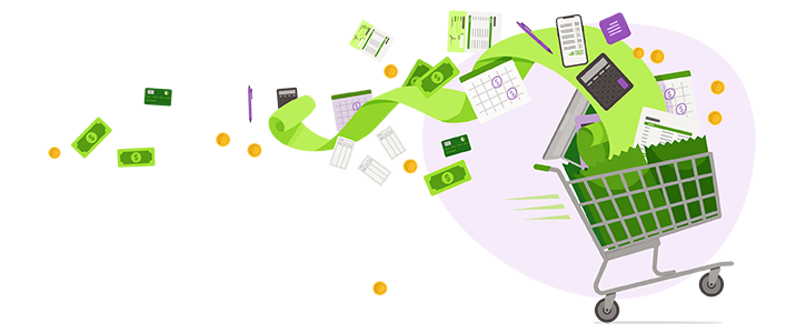 Header illustration of a shopping card speeding by, trailing a shower of bills, coins, calculators, calendars, and other pay-related items