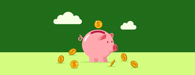 Illustration: A piggy bank surrounded by coins, on a green background
