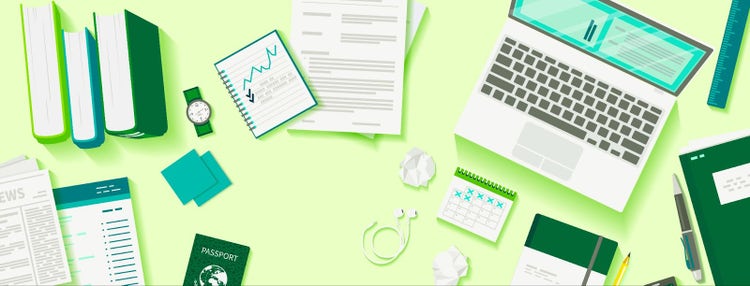 An illustrated flat lay of a laptop, documents, office supplies, and various work-related items on a light green background.