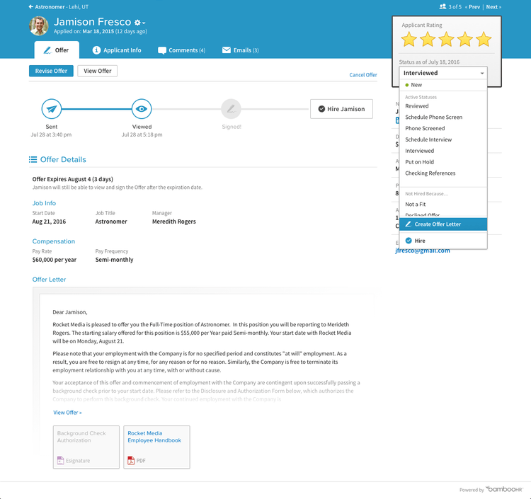 BambooHR Offer Letter Screenshot
