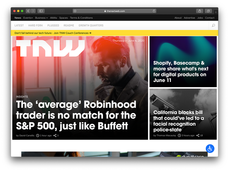 A screenshot of The Next Web in 2020