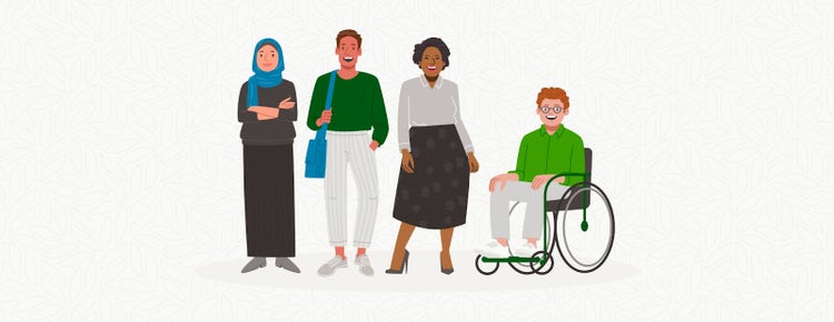 An illustration of four smiling employees, including people of color and employees with disabilities
