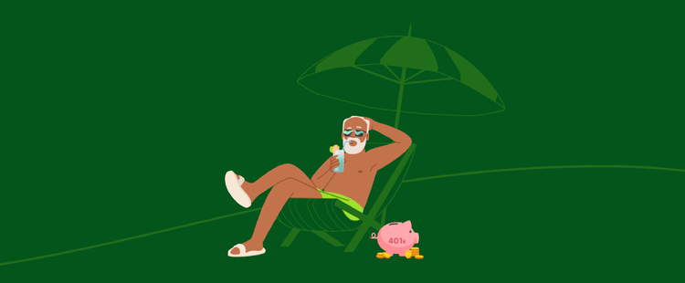 An illustration of a suntanned retired man relaxing on a beach, next to a piggy bank