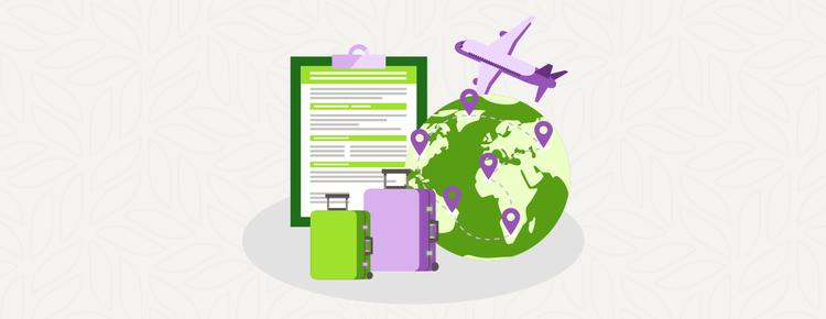 An illustration of a plane, suitcases, a globe, and a clipboard on a light gray background