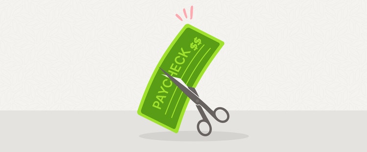 An illustration of a pair of scissors snipping a paycheck in half