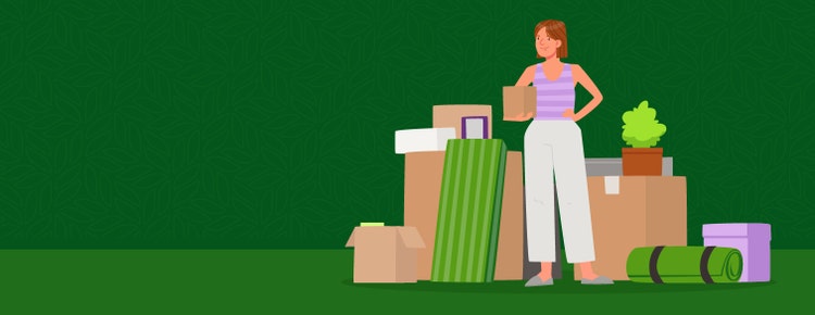 An illustration of a woman standing next to moving boxes