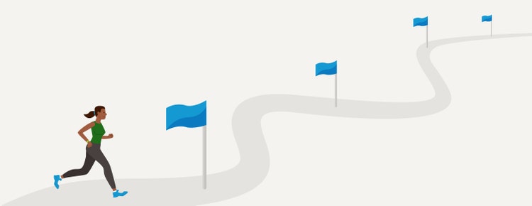 Illustration of a woman running along a winding path with blue flags along the way