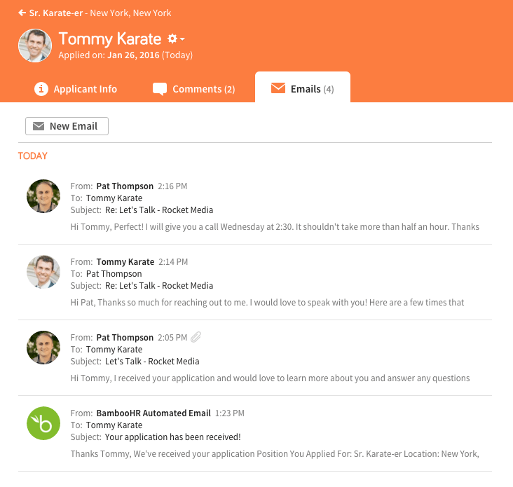 List of emails on the Emails tab of the new Applicant Profile