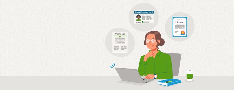 An illustration of a woman sitting in front of her laptop, performing a background check online