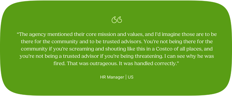 “The agency mentioned their core mission and values, and I’d imagine those are to be there for the community and to be trusted advisors. You’re not being there for the community if you’re screaming and shouting like this in a Costco of all places, and you’re not being a trusted advisor if you’re being threatening. I can see why he was fired. That was outrageous. It was handled correctly.” HR Manager | US