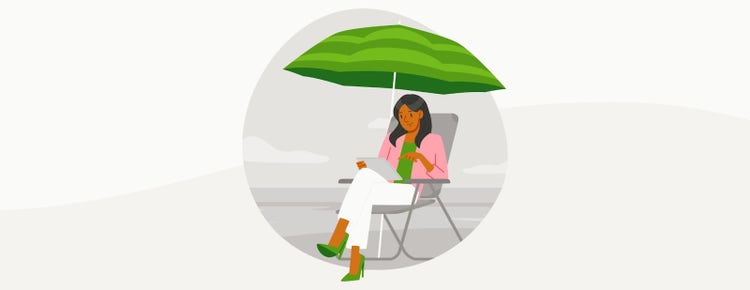An illustration of a woman sitting under a green beach umbrella