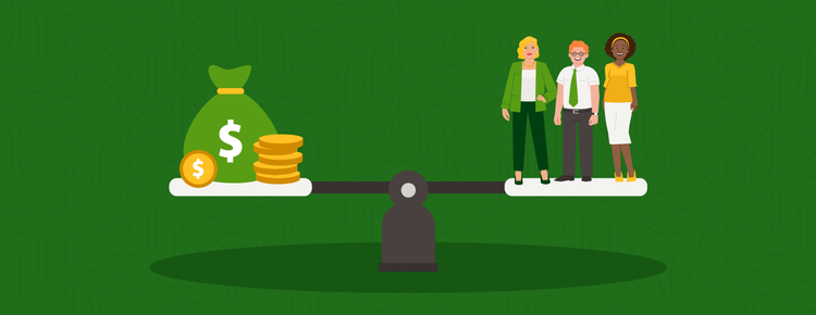 Illustration: An evenly balanced scale with a bag of cash on one side and a group of three smiling employees on the other