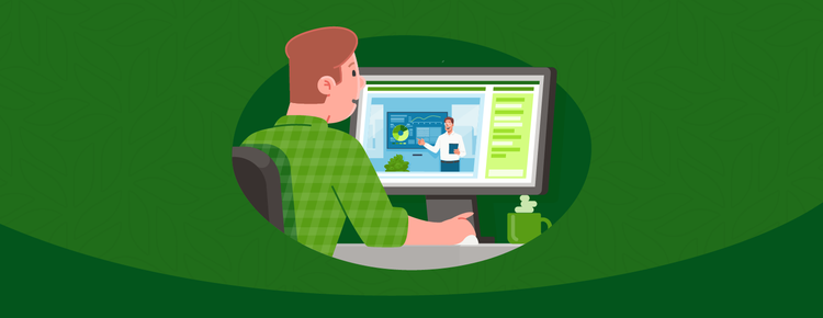 Illustration of a person watching a video on their desktop computer screen, on a green background