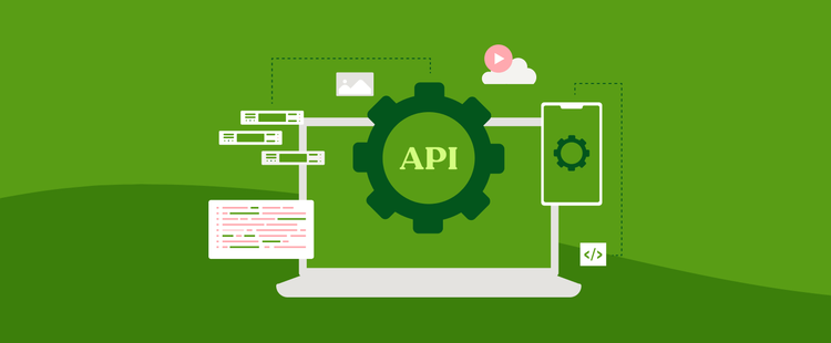 Illustration: A laptop and mobile device surrounded by icons representing code and API technology