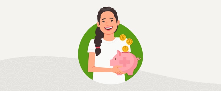 Illustration: A smiling woman holding a piggy bank