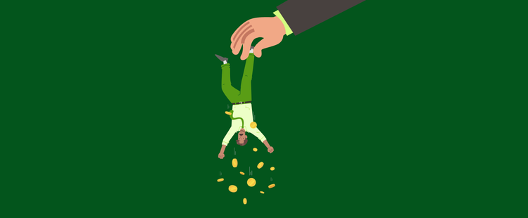 An illustration of an employee being dangled upside down by a giant hand, with coins falling out of his pockets