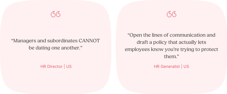 Illustrated Quotes: “Managers and subordinates cannot be dating one another.” —HR Director, US; “Open the lines of communication and draft a policy that actually lets employees know you’re trying to protect them.” —HR Generalist, US