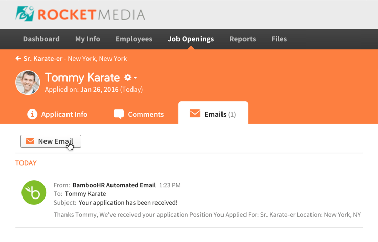 Clicking New Email on the new Applicant Profile page