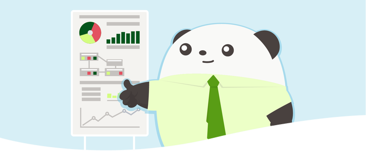Cartoon panda presenting data charts on a whiteboard.