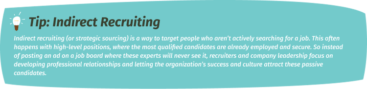 Indirect recruiting (or strategic sourcing) is a way to target people who aren’t actively searching for a job. This often happens with high-level positions, where the most qualified candidates are already employed and secure. So instead of posting an ad on a job board where these experts will never see it, recruiters and company leadership focus on developing professional relationships and letting the organization’s success and culture attract these passive candidates.