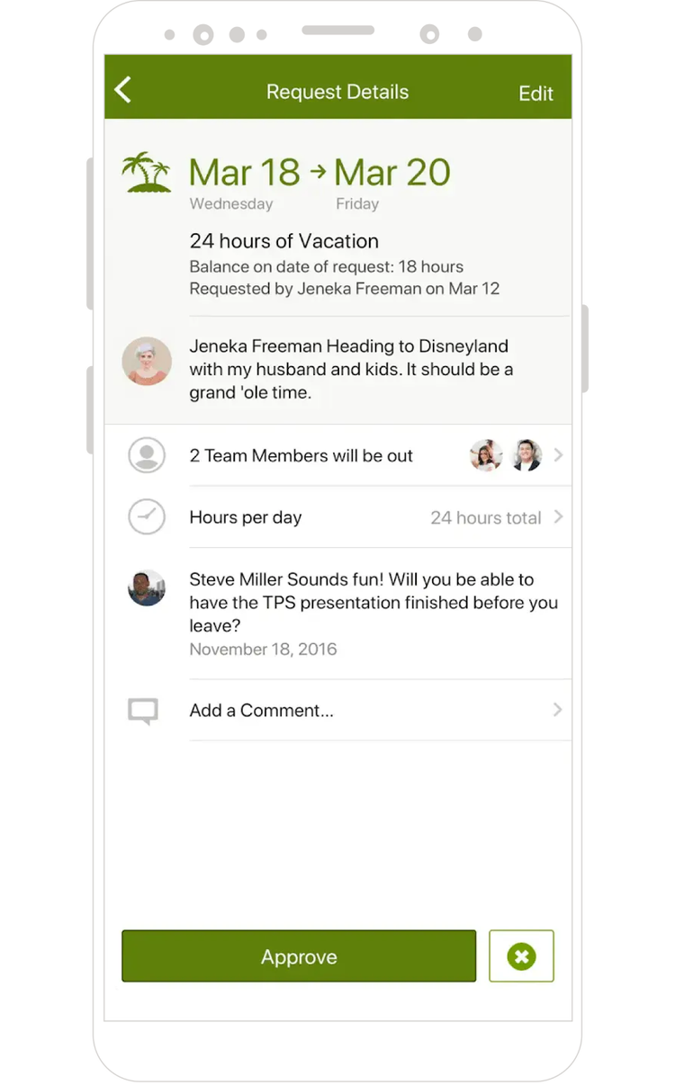 Mobile interface showcasing BambooHR's vacation request feature, detailing a request for time off, team member updates, and approval options.