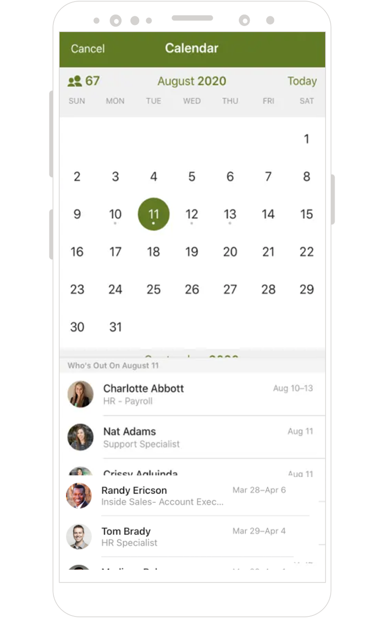 Mobile interface showing BambooHR's calendar feature, highlighting team member availability and scheduled time off.