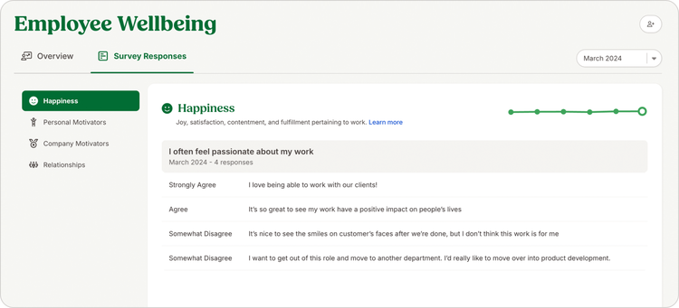 The employee wellbeing tab on the BambooHR app, showing survey responses