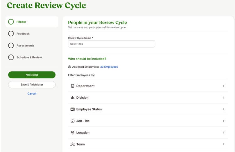 Filter by Teams for Review Cycles and Goals