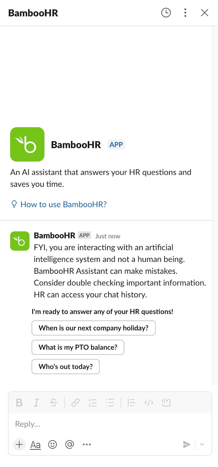 Ask BambooHR® in BambooHR Slack App