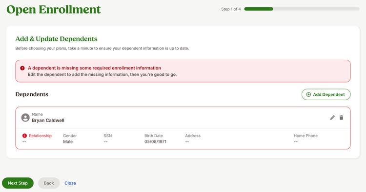 Required Dependent Information for Enrollments
