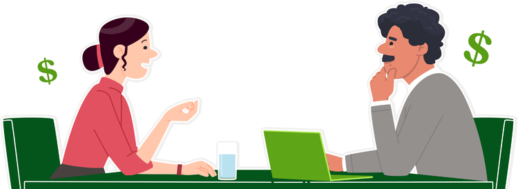 Illustration of two professionals discussing finances at a table, with dollar signs in the background representing a financial conversation