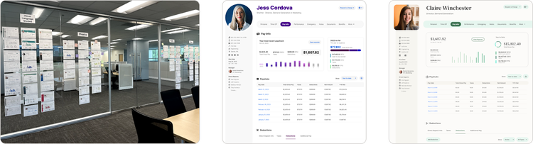 HR Trends 2024: Visual displays of HR data, pay insights, and employee dashboards showcasing payroll details, deductions, and earnings summaries also showing how the software design feels human