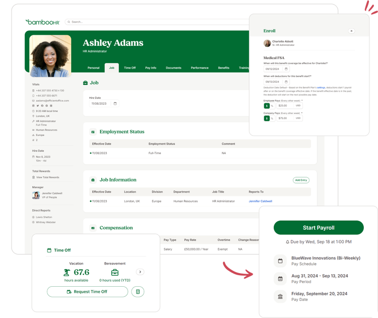 HR software interface displaying Behind-the-Scenes HR Data, including employee job details, time-off balance, payroll schedule, and benefits enrollment, also showing how the interface is modern and well made