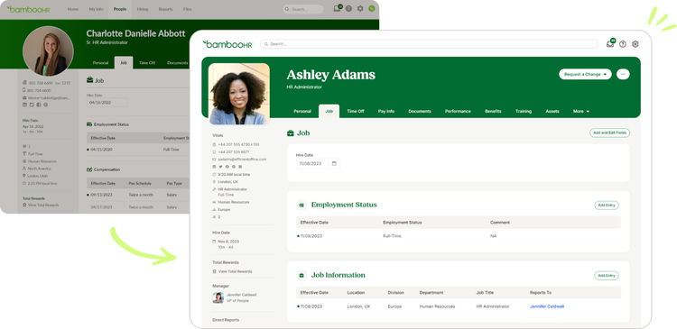 HR software interface displaying an employee profile with job and employment details, offering HR Data, showing latest changes in improved interface