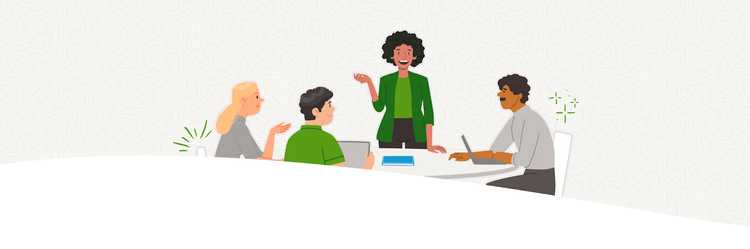 Illustration: A group of employees meeting and working together around a table.