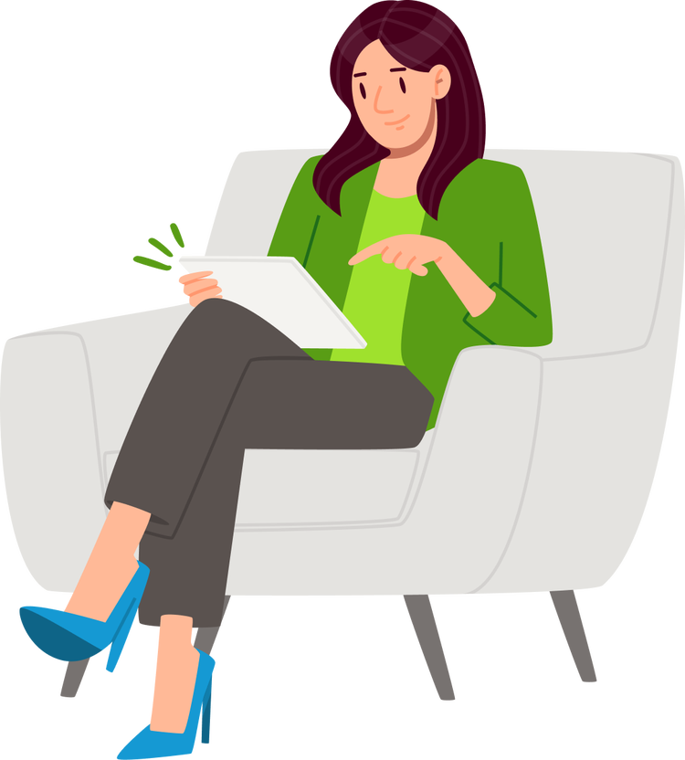 Illustration: A woman relaxing in a comfortable chair while she handles onboarding tasks on a tablet