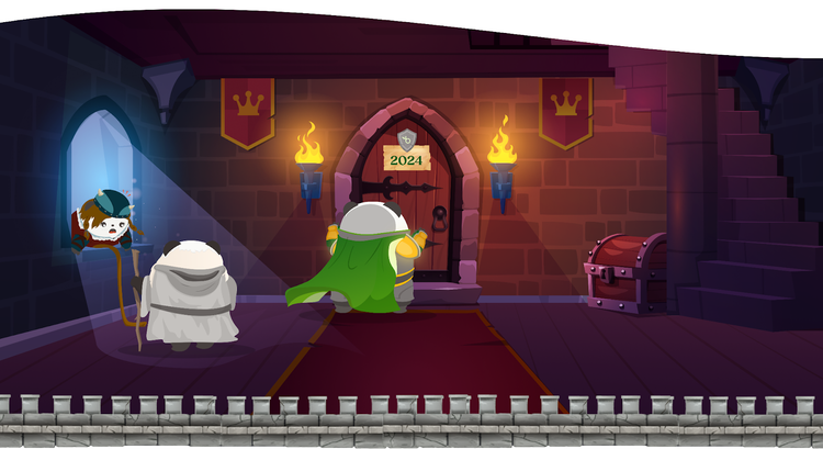 Illustration of a panda dressed as a knight standing before a door with a sign that says "2024"