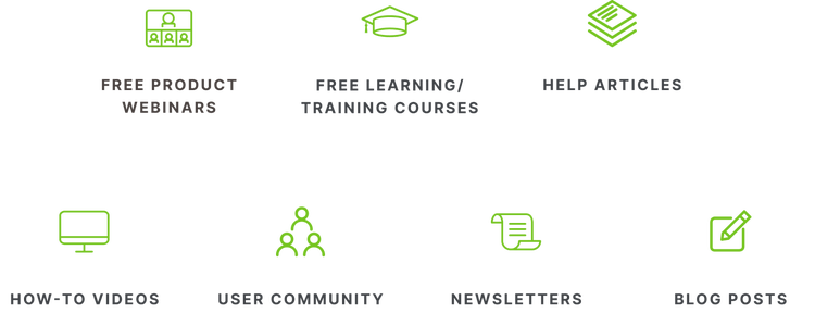 Icons: Free product webinars, free learning/training courses, help articles, how-to videos, user community, newsletters, blog posts