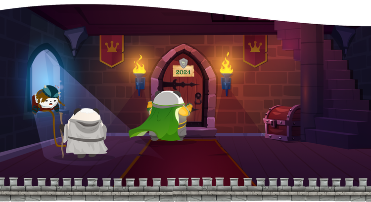 Illustration of a panda dressed as a knight standing before a door with a sign that says "2024"