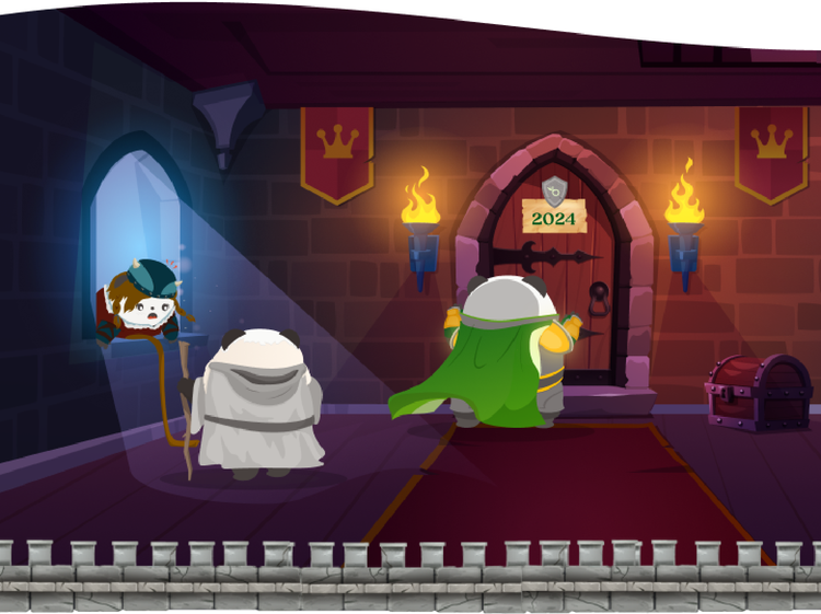 Illustration of a panda dressed as a knight standing before a door with a sign that says "2024"