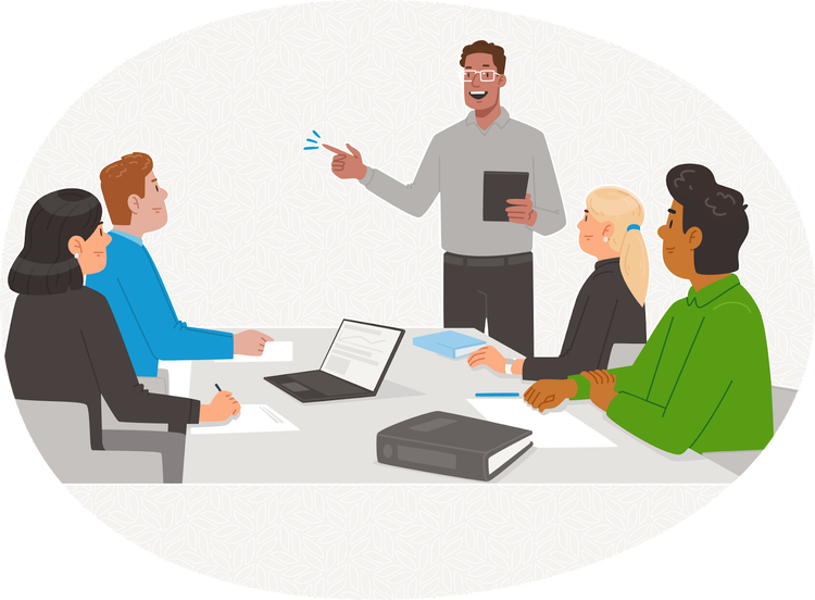 Illustration: A confident employee leading a group meeting