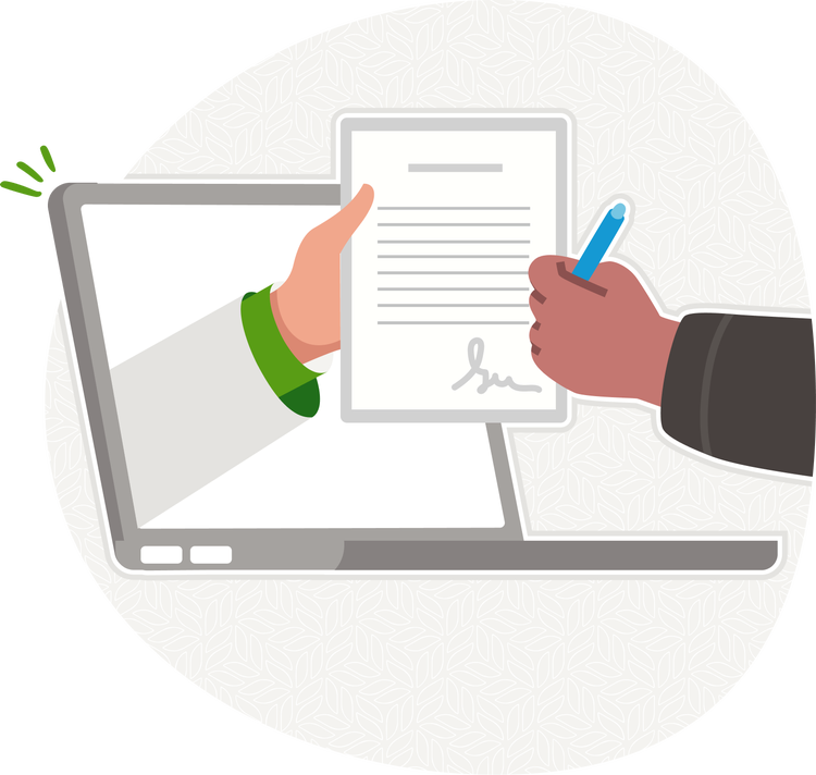 Illustration: A hand reaching out of a computer, holding a contract for a new hire to sign